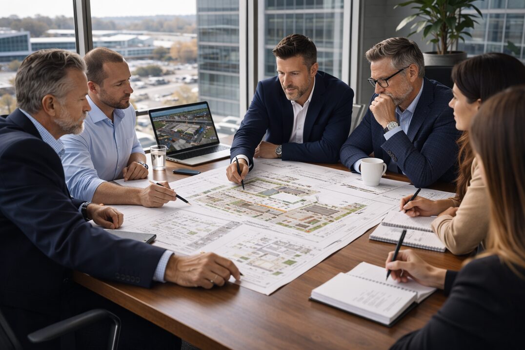 Business meeting discussing architectural plans.