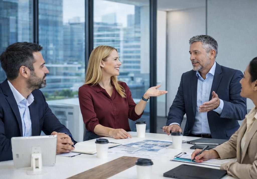 Four colleagues discussing in a modern office.